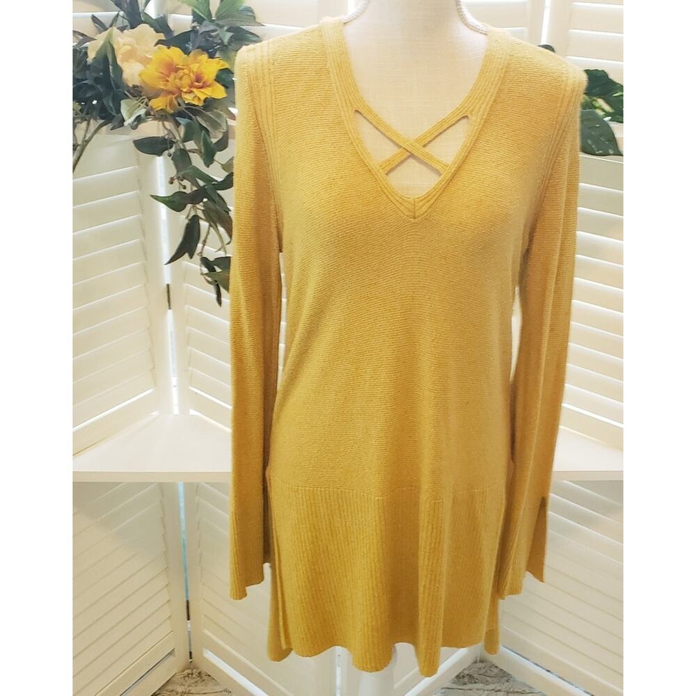FREE PEOPLE MUSTARD CRISS CROSS TUNIC SWEATER MED